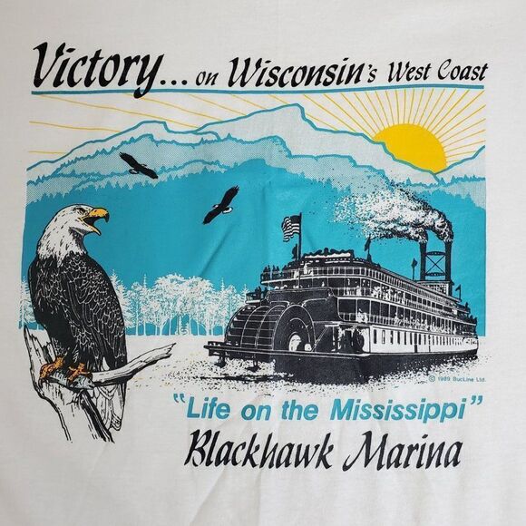 Vintage Mississippi River WI Blackhawk Marina Graphic T-shirt Steamboat Eagle L - Picture 2 of 7